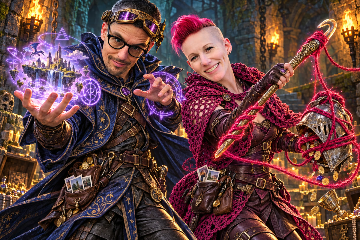 The Nerd conjures a magical virtual world while Lady Crochet brandishes a glowing crochet hook and a yarn-wrapped knight’s helmet.