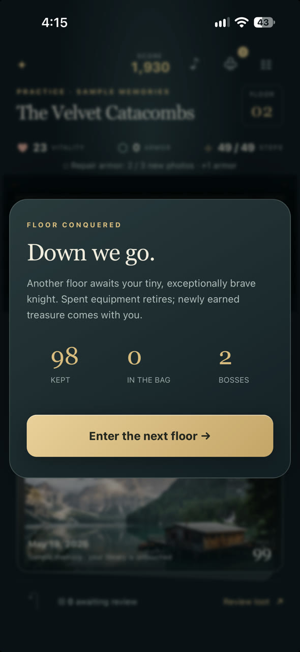 PhotoCrawl’s Floor Conquered screen after a practice adventure, showing 98 memories kept and two bosses defeated.