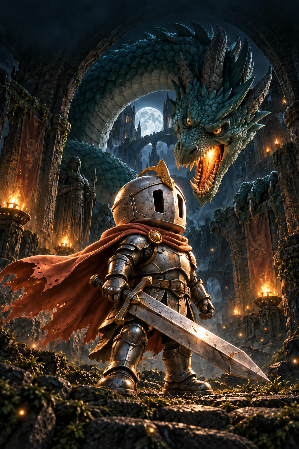 Sir Sortsalot raises his sword beneath a menacing, fire-breathing dragon in a torchlit dungeon.